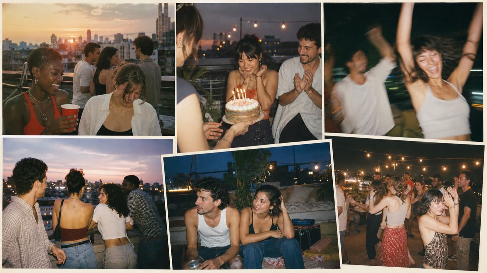 Friends at a night party, lit by string lights