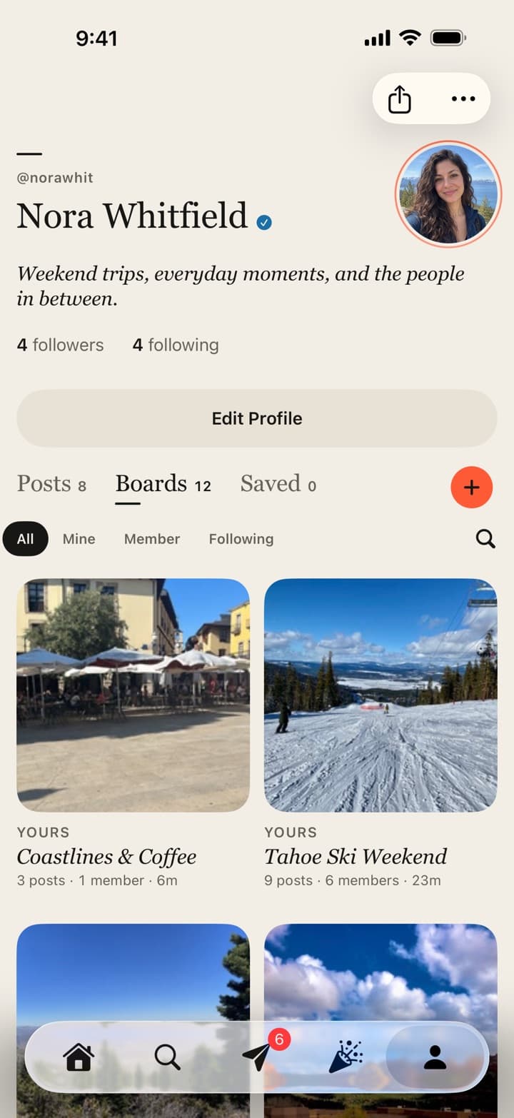 A Passboards profile with its boards grid, including Coastlines & Coffee and Tahoe Ski Weekend