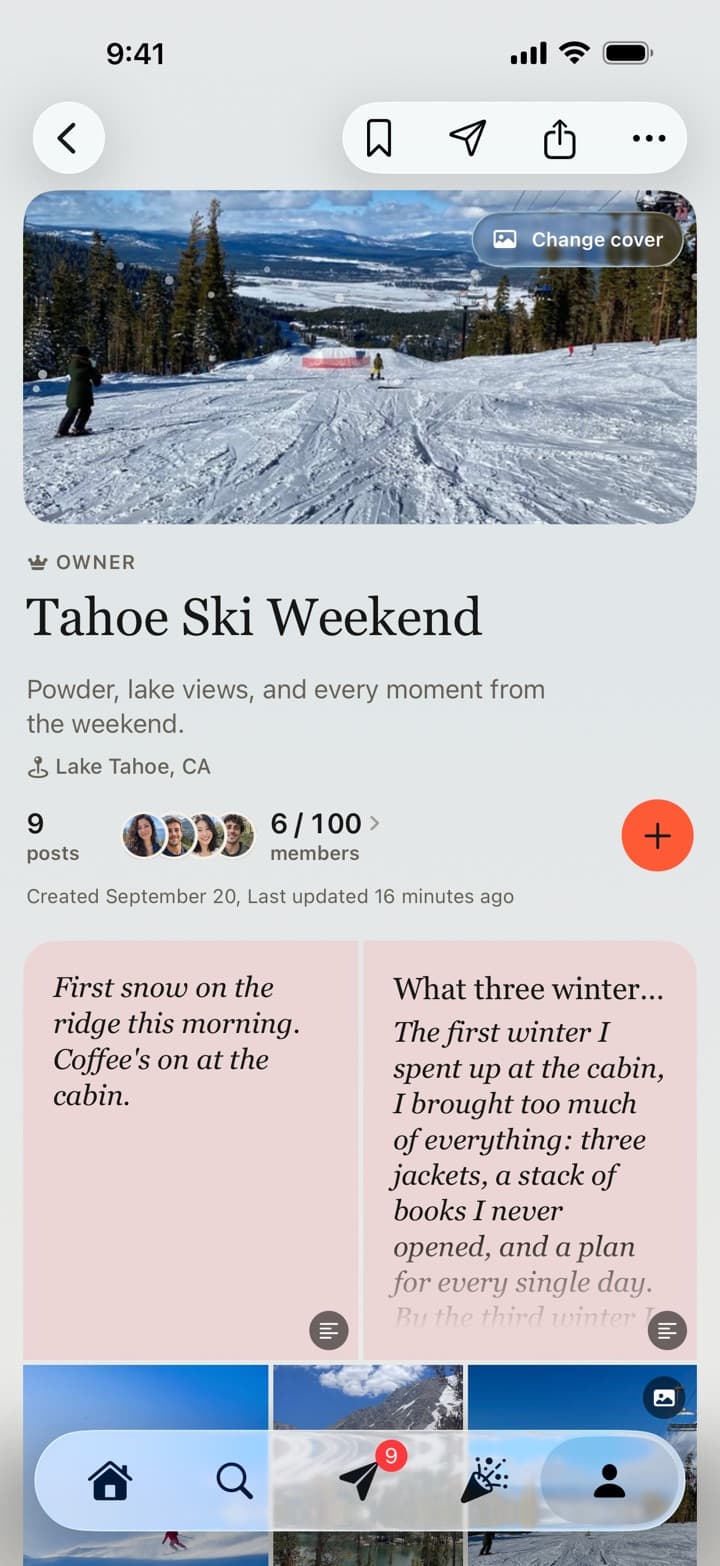 A Tahoe Ski Weekend board in Passboards with six members, written notes, and photos in its grid