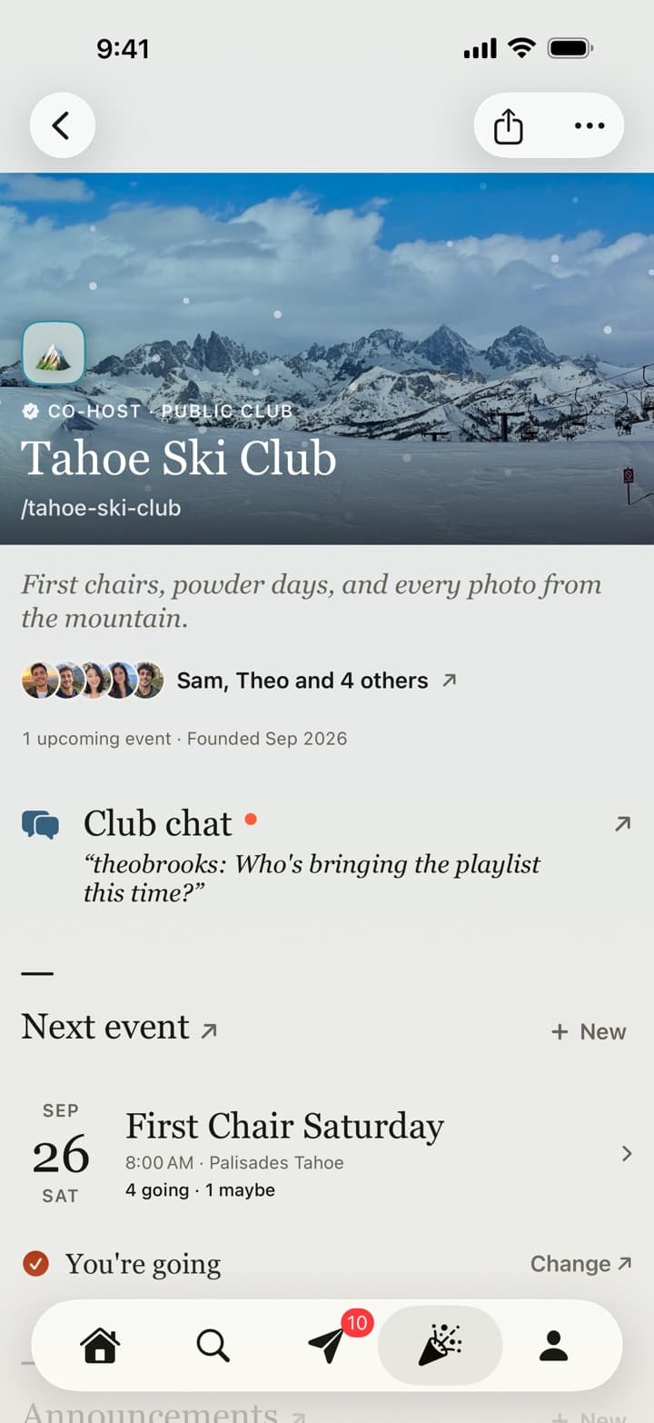The Tahoe Ski Club in Passboards with its club mark, /tahoe-ski-club address, members, club chat, and next event