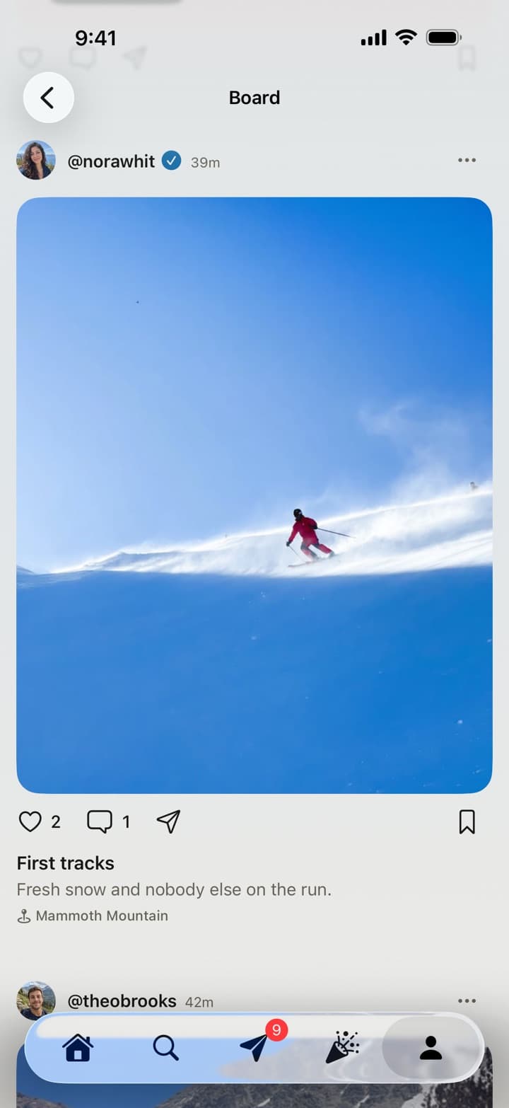 A First tracks skiing photo post by @norawhit within a shared Passboards board