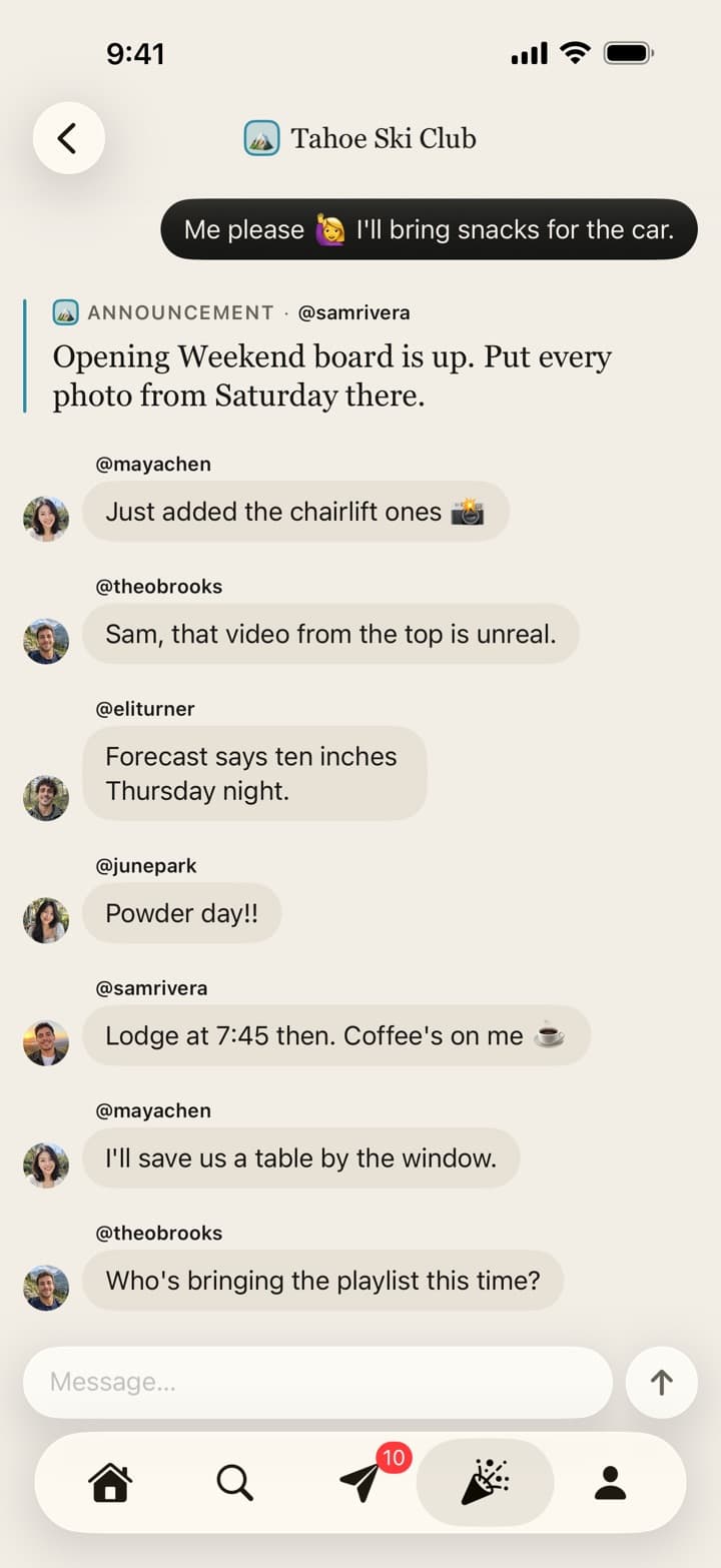 The Tahoe Ski Club group chat in Passboards with members planning the first ski weekend