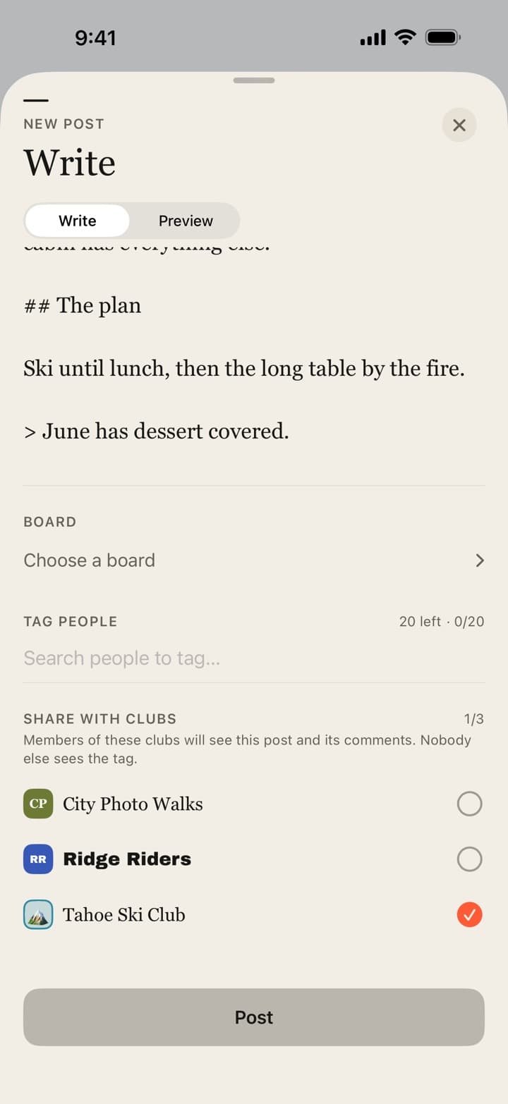 The Passboards post composer with Share with clubs, where the Tahoe Ski Club is selected