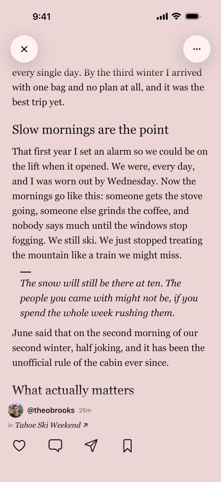 A long-form essay by @theobrooks open in the Passboards full-screen reader, with a heading and a pull quote