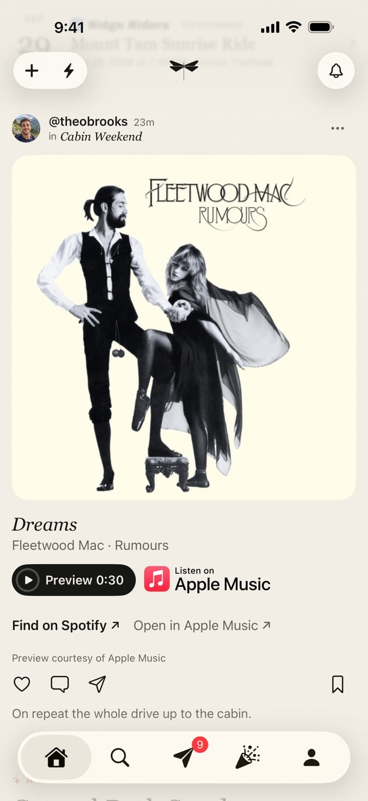 A music post in Passboards sharing Dreams by Fleetwood Mac with a 30-second preview and links to Apple Music and Spotify